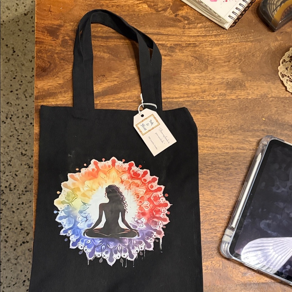 Black Tote Bag with Colorful Mandala Design